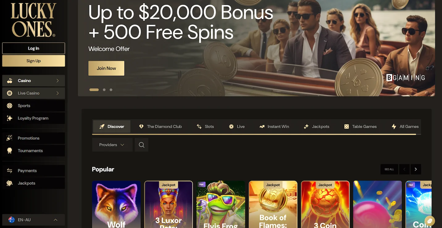 LuckyOnes casino homepage displaying welcome offer, popular online pokies and main site navigation